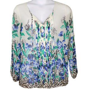 White House Black Market Semi Sheer Floral Animal Print Peasant Top Size 14 EUC